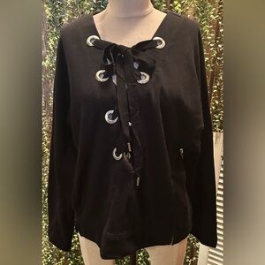 Black Lace-Up Sweatshirt with Silver Grommet Accents